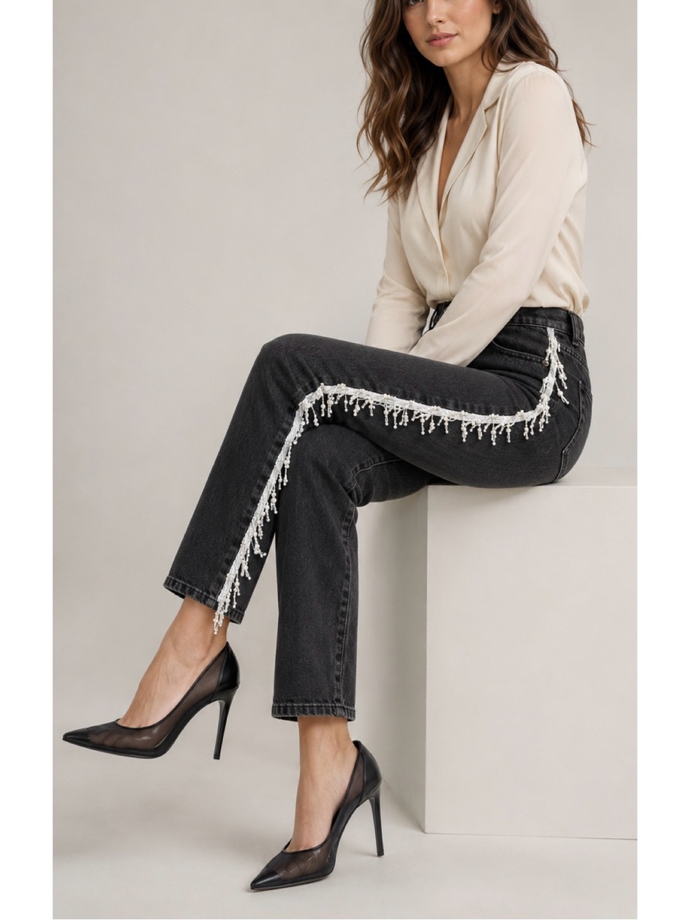 Milly Gineen black jeans with pearls trim